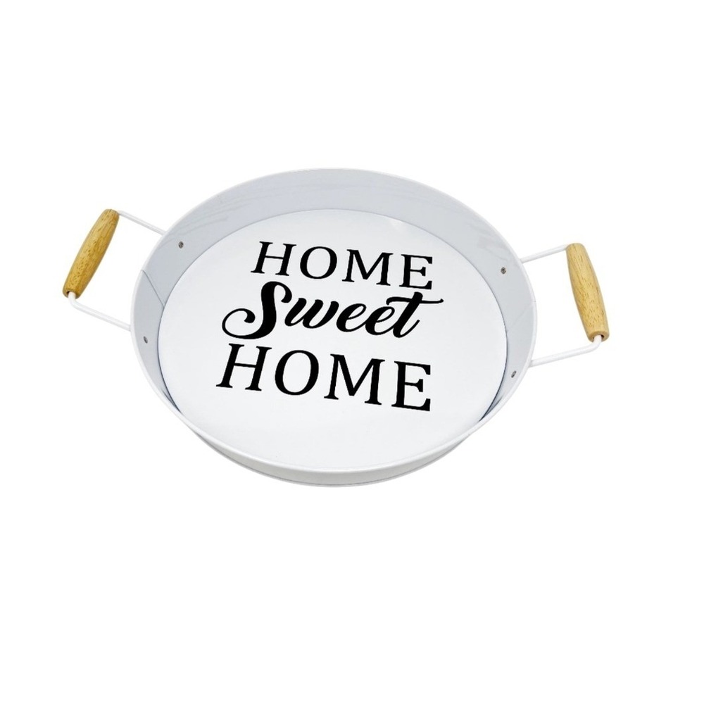 Home Sweet Home White Enamel Metal Tray With Wood Handles